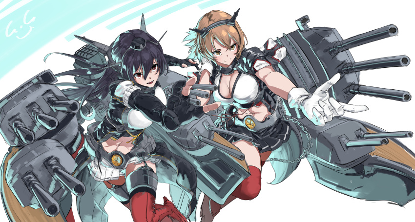 2girls absurdres black_capelet black_hair black_skirt breasts brown_hair capelet cleavage collar commentary_request dated elbow_gloves flipped_hair gegeron gloves green_eyes headgear highres kantai_collection large_breasts long_hair metal_belt metal_collar midriff multiple_girls mutsu_(kancolle) mutsu_kai_ni_(kancolle) nagato_(kancolle) navel outstretched_arm radio_antenna red_eyes red_thighhighs rigging rudder_footwear short_hair signature simple_background skirt smile solo striped striped_skirt thighhighs turret twisted_torso white_gloves