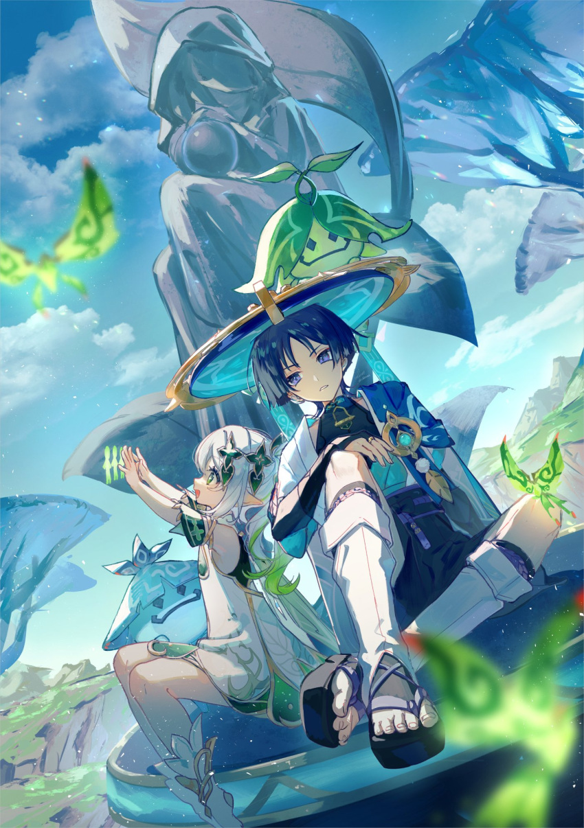 1boy 1girl :d aranara_(genshin_impact) ararycan_(genshin_impact) arms_up artist_name black_hair black_shirt black_shorts blue_cape blue_headwear blue_ribbon blue_sky blunt_ends blurry blurry_foreground bridal_gauntlets bug cape cloud cloudy_sky commentary_request cross-shaped_pupils crystalfly_(genshin_impact) day depth_of_field detached_sleeves dress eyeshadow feathers genshin_impact gold_trim gradient_hair green_cape green_eyes green_hair green_sleeves hair_between_eyes hair_ornament hat highres jacket japanese_clothes jingasa knee_up light_particles long_hair looking_at_viewer makeup mountainous_horizon multicolored_hair nahida_(genshin_impact) nakaba_(mode) open_clothes open_jacket open_mouth outdoors parted_bangs parted_lips pointy_ears pom_pom_(clothes) ponytail purple_eyes red_eyeshadow ribbon sandals scaramouche_(genshin_impact) shirt short_hair short_sleeves shorts side_ponytail sidelocks sitting sky sleeveless sleeveless_dress sleeveless_shirt smile statue statue_of_the_seven symbol-shaped_pupils toes tree twitter_username vision_(genshin_impact) wanderer_(genshin_impact) watermark white_dress white_hair white_jacket