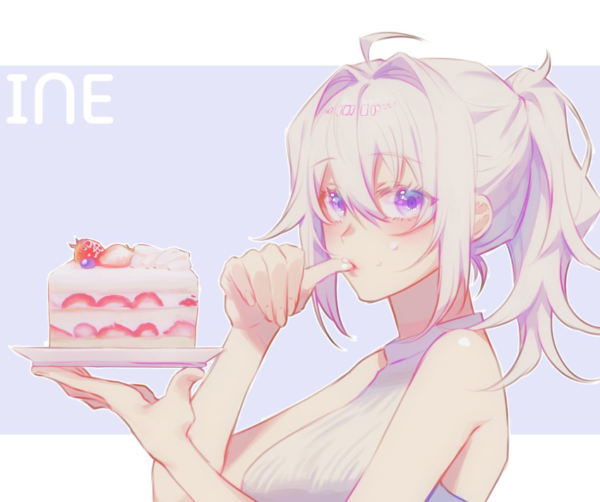 1girl ahoge bare_shoulders blue_background blueberry blush border cake cake_slice cream cream_on_face finger_in_own_mouth food food_on_face from_side fruit hair_between_eyes hair_intakes highres holding holding_plate letterboxed long_hair looking_at_viewer looking_to_the_side mometsu_033 original outside_border plate ponytail purple_eyes shirt sidelocks simple_background sleeveless sleeveless_shirt solo strawberry strawberry_shortcake thumb_sucking upper_body whipped_cream white_border white_hair white_shirt