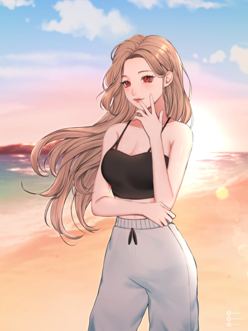 1girl black_camisole blue_sky breasts brown_hair camisole cleavage cloud commentary_request commission crop_top fyirkingdomsis grey_pants highres instagram_username large_breasts lens_flare long_hair midriff ocean original pants red_eyes shore sky smile solo sunset sweatpants thai_commentary tiktok_username twitter_username very_long_hair