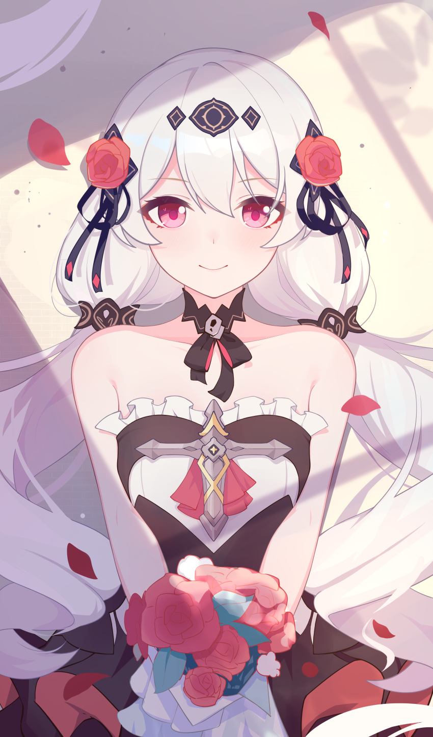 1girl absurdres bare_shoulders black_dress bouquet chinese_commentary closed_mouth commentary dress flower hair_between_eyes hair_flower hair_ornament highres holding holding_bouquet honkai_(series) honkai_impact_3rd long_hair looking_at_viewer luna_(honkai_impact) petals red_eyes red_flower red_rose rose simple_background sleeveless sleeveless_dress smile solo strapless strapless_dress theresa_apocalypse theresa_apocalypse_(luna_kindred) tongling twintails wedding_dress white_background white_hair