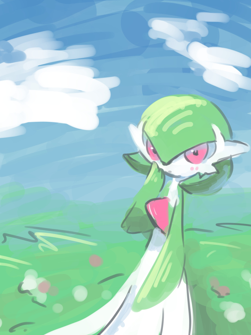 1girl absurdres arm_at_side blue_sky blush bob_cut closed_mouth cloud colored_skin commentary day flat_chest gardevoir grass green_hair green_skin hair_between_eyes hand_to_own_mouth hand_up highres light_blush looking_at_viewer mame_(pixiv_57985908) multicolored_skin outdoors pokemon pokemon_(creature) red_eyes short_hair sketch sky solo two-tone_skin white_skin