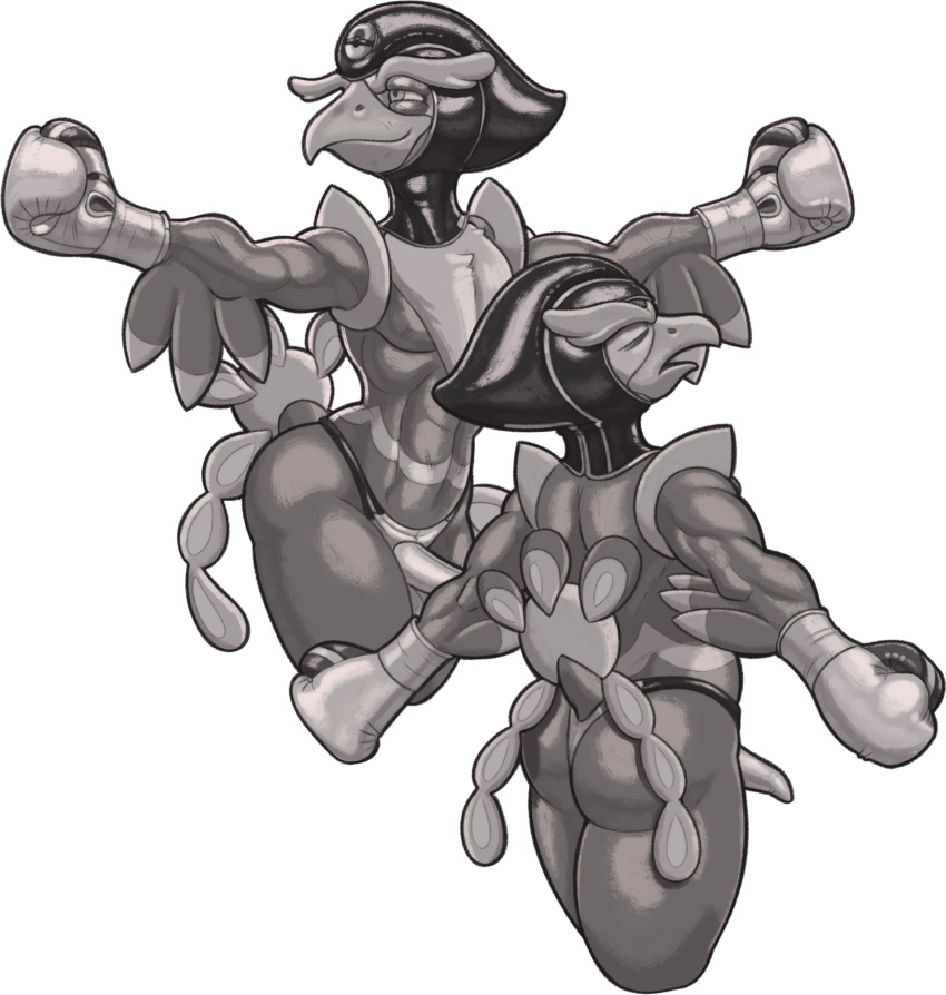 2023 anthro ballboxing balls balls_outline boxing_gloves butt clothed clothing cock_sheath dcheese digital_media_(artwork) erection erection_under_clothing eyes_closed generation_9_pokemon genital_outline genitals handwear hi_res leather leather_clothing leather_headgear male monochrome nintendo penis_clothing pokemon pokemon_(species) quaquaval solo stretching thong underwear wide_hips