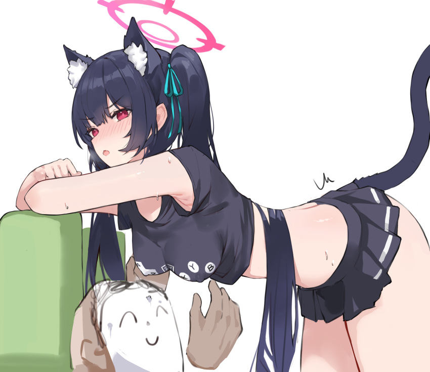 1girl absurdres animal_ear_fluff animal_ears armpits arona's_sensei_doodle_(blue_archive) black_hair black_shirt blue_archive breasts cat_ears cat_tail covered_nipples crop_top crossed_arms extra_ears game_controller_print hair_ribbon halo hanging_breasts highres leaning_forward long_hair microskirt pleated_skirt red_eyes ribbon sawkm sensei_(blue_archive) serika_(blue_archive) shirt skirt sweat tail twintails
