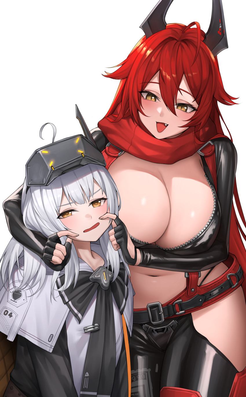 2girls absurdres ahoge black_gloves blush breasts brown_eyes cheek_pinching cleavage curvy eyewear_on_head fang fingerless_gloves gloves goddess_of_victory:_nikke hair_between_eyes hair_flaps head-mounted_display height_difference highres hip_vent horns huge_breasts kurone_rinka large_breasts leaning_forward long_hair long_sleeves looking_at_viewer multiple_girls navel open_mouth pinching red_hair red_hood_(nikke) simple_background slit_pupils snow_white:_innocent_days_(nikke) snow_white_(nikke) thick_thighs thighs white_background white_hair wide_hips zipper