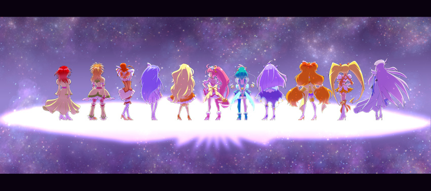 6+girls absurdres ahoge arms_behind_back arms_behind_head back_bow big_hair bike_shorts blonde_hair boots bow brown_hair choker closed_mouth cropped_shirt cure_bright cure_fortune cure_milky cure_moonlight cure_selene cure_soleil cure_star cure_sunny cure_sunshine cure_twinkle dress earrings facing_away feather_hair_ornament feathers futari_wa_precure_splash_star go!_princess_precure green_dress green_hair hair_ornament hand_on_own_hip happinesscharge_precure! heartcatch_precure! high_heel_boots high_heels highres hoop_earrings hyuuga_saki interlocked_fingers jewelry juliet_sleeves kiryuu_michiru knee_boots leg_warmers letterboxed long_dress long_hair long_sleeves looking_at_viewer looking_back low-tied_long_hair low_twintails magical_girl medium_dress medium_hair midriff multiple_girls orange_dress orange_hair own_hands_together pink_choker pink_dress pink_footwear pink_hair precure puffy_short_sleeves puffy_sleeves purple_dress purple_hair purple_skirt red_hair satsukizuki_(siwasuduki128) series_connection short_dress short_sleeves shorts_under_dress single_leg_pantyhose skirt smile smile_precure! space standing star_(sky) star_(symbol) star_hair_ornament star_twinkle_precure thigh_boots trait_connection twintails two_side_up v_arms very_long_hair white_footwear white_skirt wind yellow_bow yellow_dress