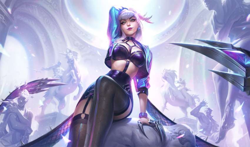 1girl arm_behind_head arm_support asymmetrical_bangs barefoot between_breasts black_choker black_garter_straps black_skirt black_thighhighs blue_jacket bracelet breasts choker claw_(weapon) claws cone_hair_bun cropped_jacket drop_earrings earrings evelynn_(league_of_legends) eyeshadow feet_out_of_frame from_below full_body garter_straps hair_bun highres horse jacket jeremy_anninos jewelry k/da_(league_of_legends) k/da_all_out_evelynn large_breasts league_of_legends light long_hair looking_at_viewer makeup muscular o-ring official_alternate_costume official_art open_clothes open_jacket pink_lips purple_eyeshadow revealing_clothes sitting skirt slit_pupils smile solo spikes statue strap_between_breasts the_baddest_evelynn thighhighs weapon white_hair yellow_eyes