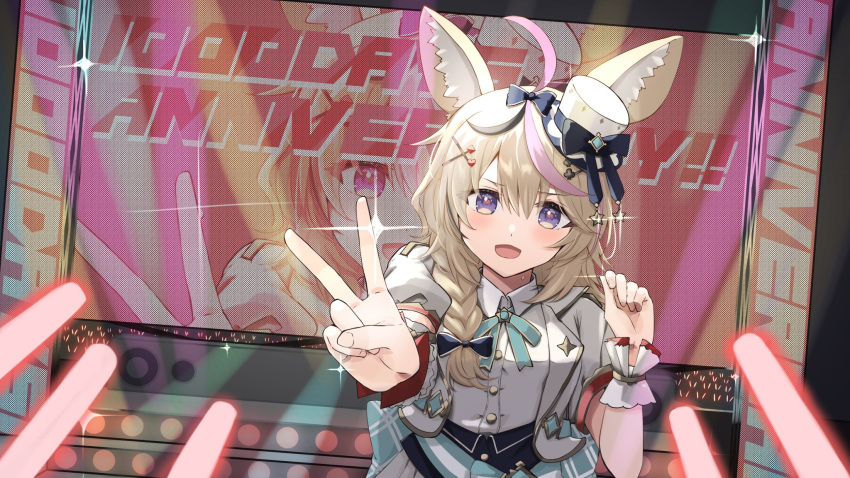 1girl ahoge animal_ears anniversary black_bow black_hair blonde_hair bow bowtie braid concert dress_shirt fox_ears fox_girl glint glowstick hair_between_eyes hair_bow hair_over_shoulder hand_up hat hat_bow heart heart-shaped_pupils highres hololive hololive_idol_uniform hololive_idol_uniform_(bright) idol idol_clothes jacket kumoi_sora looking_at_viewer medium_hair mini_hat multicolored_hair official_alternate_costume omaru_polka open_clothes open_jacket open_mouth outstretched_arm pink_hair puffy_short_sleeves puffy_sleeves purple_eyes screen shirt short_sleeves side_braid single_braid smile solo sparkle stage streaked_hair symbol-shaped_pupils v virtual_youtuber white_headwear white_jacket white_shirt wrist_cuffs