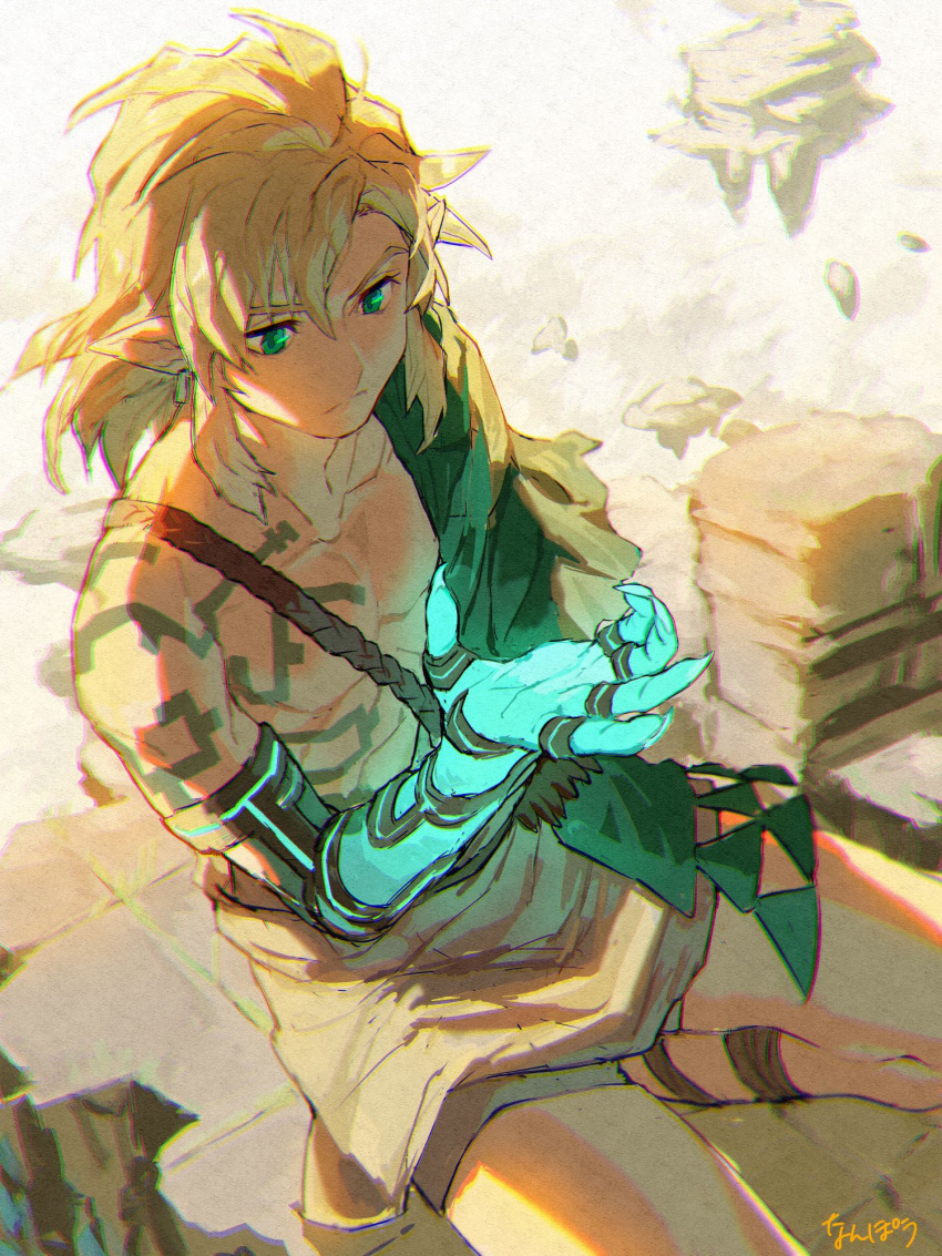 1boy artist_name blonde_hair body_markings commentary_request ear_piercing earrings floating_rock green_eyes highres jewelry kneeling link looking_at_hands male_focus nanpou_(nanpou0021) piercing pointy_ears ruins the_legend_of_zelda the_legend_of_zelda:_tears_of_the_kingdom topless_male