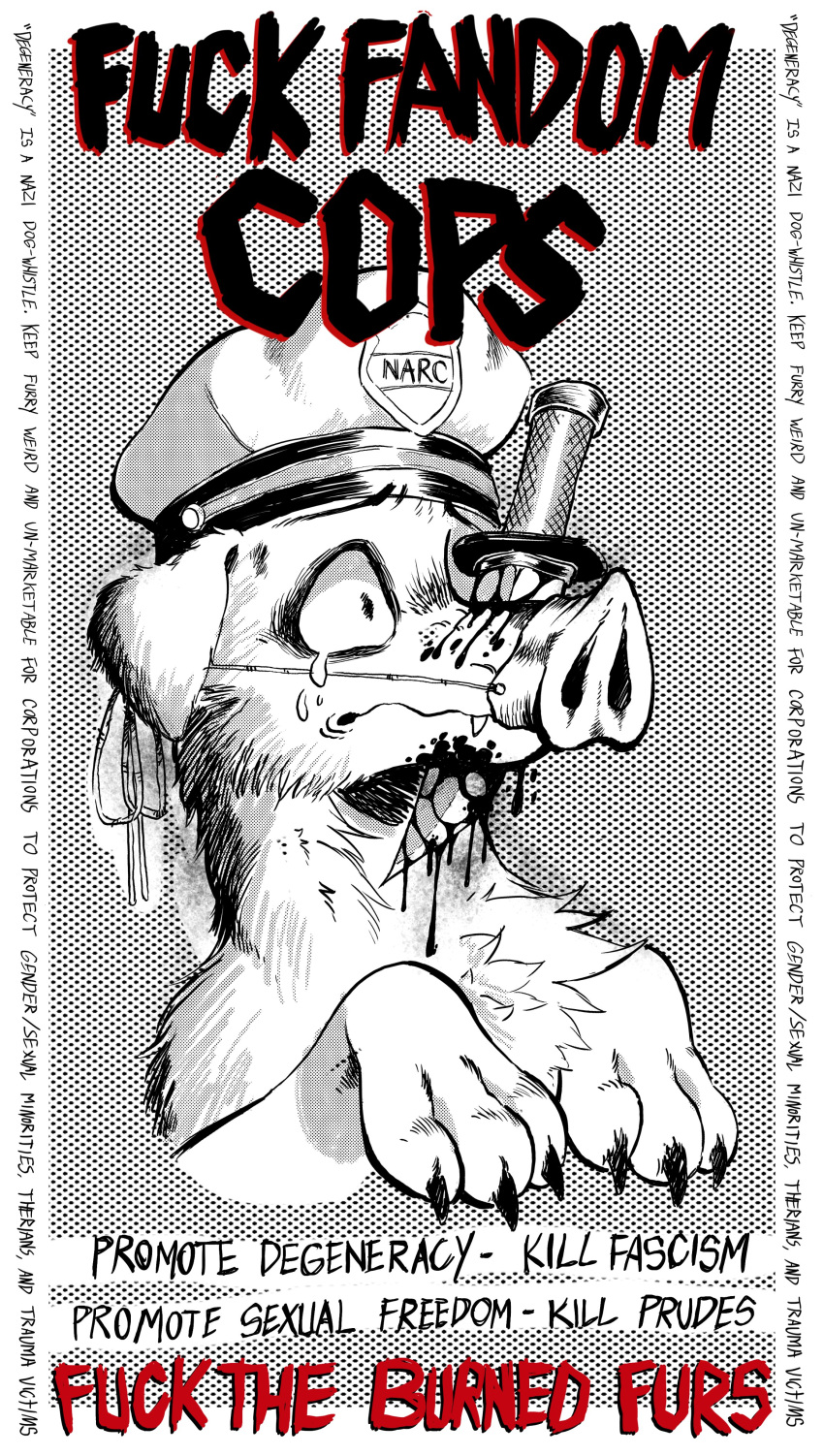 absurd_res ambiguous_gender anthro blood bodily_fluids canid canine canis cheek_tuft chest_tuft cop_hat domestic_dog drama english_text facial_tuft fake_pig_nose fangs gore gutter-bunny hi_res knife knife_in_mouth mammal monochrome object_in_mouth pattern_background police_hat political_cartoon politics simple_background solo stab tears_of_pain teary_eyes teeth text tuft wide_eyed wounded