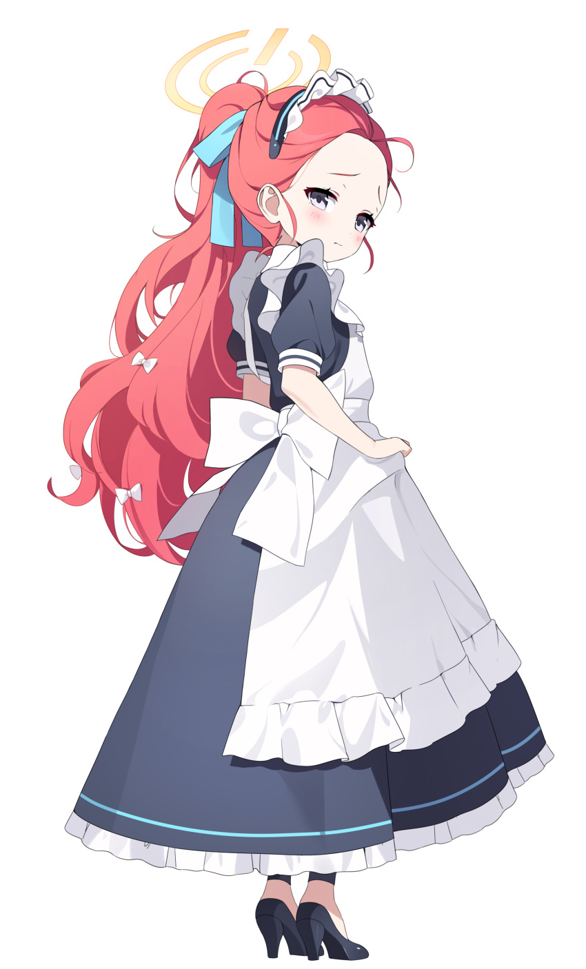 1girl absurdres apron back_bow black_dress black_footwear blue_archive blue_ribbon blush bow closed_mouth commentary dress eyelashes facing_away forehead frilled_apron frills from_behind full_body gogoco hair_bow hair_ribbon halo high_heels high_ponytail highres long_hair looking_at_viewer looking_back maid maid_apron maid_headdress multiple_hair_bows official_alternate_costume ponytail power_symbol puffy_short_sleeves puffy_sleeves purple_eyes raised_eyebrows red_hair ribbon shoes short_sleeves simple_background solo standing very_long_hair wavy_mouth white_apron white_background white_bow yuzu_(blue_archive) yuzu_(maid)_(blue_archive)