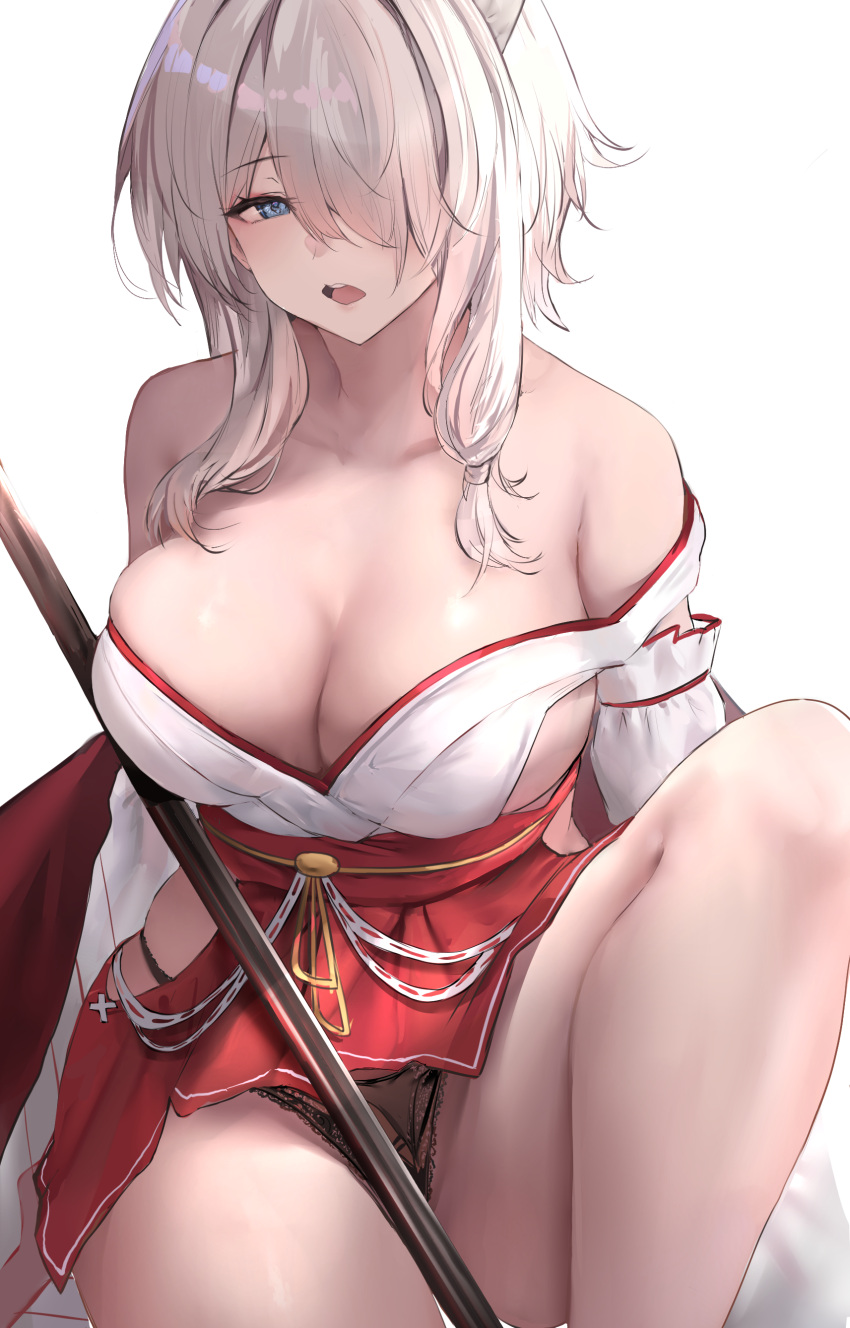 1girl absurdres azur_lane bare_shoulders black_panties blue_eyes breasts cleavage collarbone dead_or_alive hair_over_one_eye highres japanese_clothes large_breasts liaowen luna_(doa) medium_hair off_shoulder one_eye_covered open_mouth panties simple_background sitting skindentation solo thighs underwear white_background