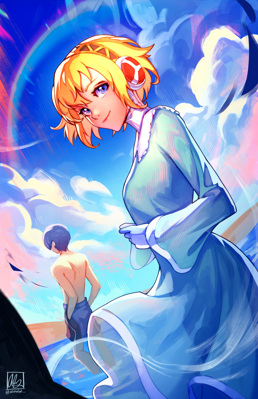 absurdres aegis_(persona) alina_l android beach blonde_hair blue_dress blue_eyes blue_hair blue_sky blue_swim_trunks cloud day dress frilled_dress frills from_behind hairband highres lens_flare light_rays outdoors persona persona_3 sand short_hair signature sky twitter_username water yuuki_makoto