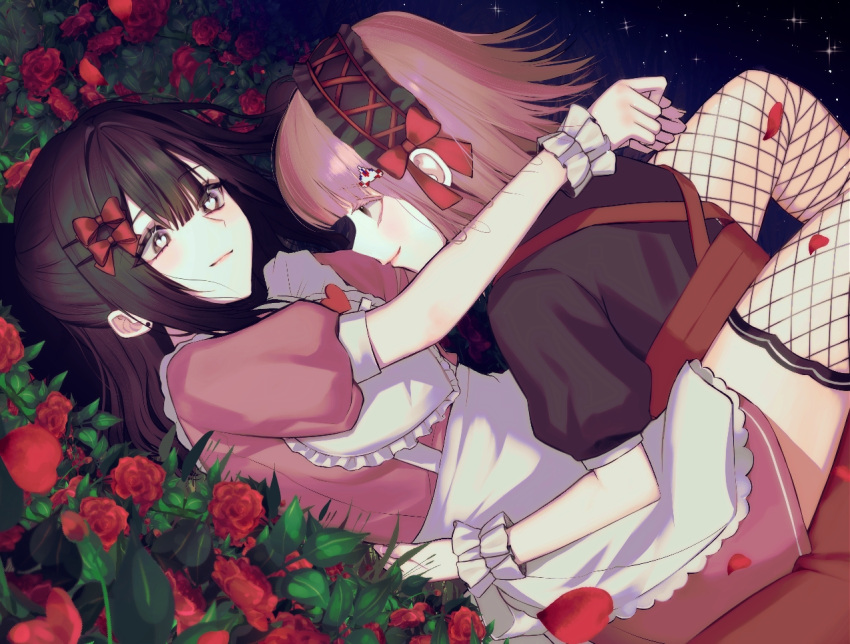 2girls alternate_costume apron black_dress black_hair blunt_bangs bow closed_mouth danganronpa_(series) danganronpa_2:_goodbye_despair dress eye_contact fishnet_thighhighs fishnets flower from_side galaga hair_bow headdress heart heart-shaped_pupils hug kkochmeli long_hair looking_at_another medium_hair multiple_girls nanami_chiaki night outdoors pink_dress pink_hair pink_shirt puffy_short_sleeves puffy_sleeves red_bow red_flower self-harm_scar shirt short_sleeves smile symbol-shaped_pupils thighhighs waist_apron white_apron wrist_cuffs