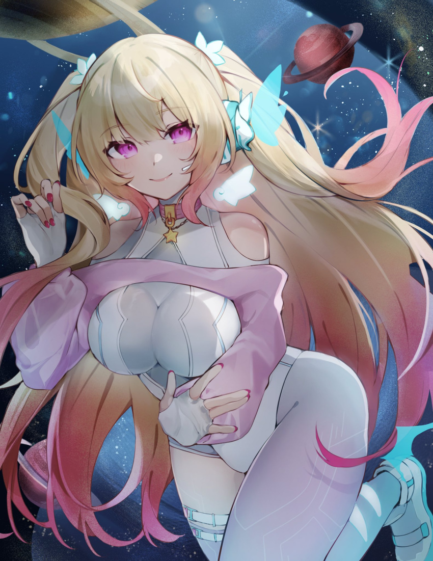 1girl bare_shoulders blonde_hair breasts cleavage closed_mouth collar commentary_request commission cowboy_shot facing_viewer fingerless_gloves gloves gradient_hair hand_up highres large_breasts leotard long_hair long_sleeves looking_ahead multicolored_hair murumuru_(pixiv51689952) original pantyhose pink_collar pink_hair pink_nails planet purple_eyes shoes sidelocks single_leg_pantyhose single_thighhigh skeb_commission skin_tight smile solo standing standing_on_one_leg star_(sky) star_(symbol) thigh_strap thighhighs thighs twintails very_long_hair white_footwear white_gloves white_leotard white_pantyhose white_thighhighs