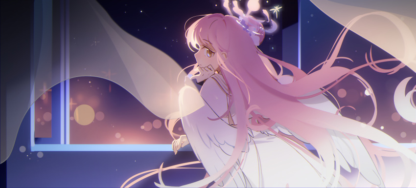 1girl angel_wings blue_archive closed_mouth curtains dress hair_bun halo highres long_hair mika_(blue_archive) olopheris pink_hair pink_halo single_side_bun solo upper_body white_dress white_wings window wings yellow_eyes