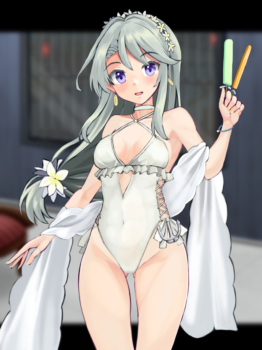 1girl anchor_ornament ass_visible_through_thighs asymmetrical_bangs casual_one-piece_swimsuit choker commentary_request covered_navel cowboy_shot derivative_work flower food frilled_one-piece_swimsuit frills grey_hair hair_flower hair_ornament hairband highleg highleg_swimsuit highres kantai_collection long_hair low-tied_long_hair official_alternate_costume one-piece_swimsuit panda_sasasa popsicle purple_eyes sagiri_(kancolle) shawl side-tie_swimsuit solo swept_bangs swimsuit white_choker white_one-piece_swimsuit white_shawl