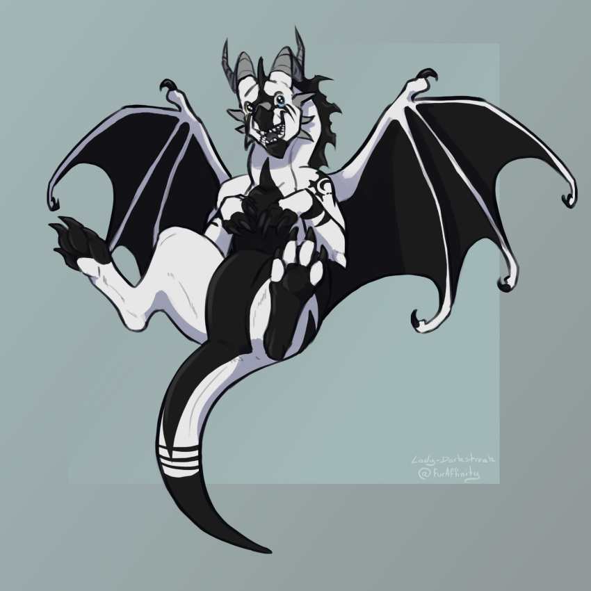 4_toes abdominal_bulge ambiguous_gender anthro belly black_body blue_background clawed_wings claws cute_expression digitigrade dragon favnir_dragon feet full-length_portrait hi_res horn lady-darkstreak long_neck looking_at_viewer membrane_(anatomy) membranous_wings open_mouth paws portrait sharp_claws sharp_teeth simple_background smile snout solo tail tattoo teeth toe_claws toes white_body wings