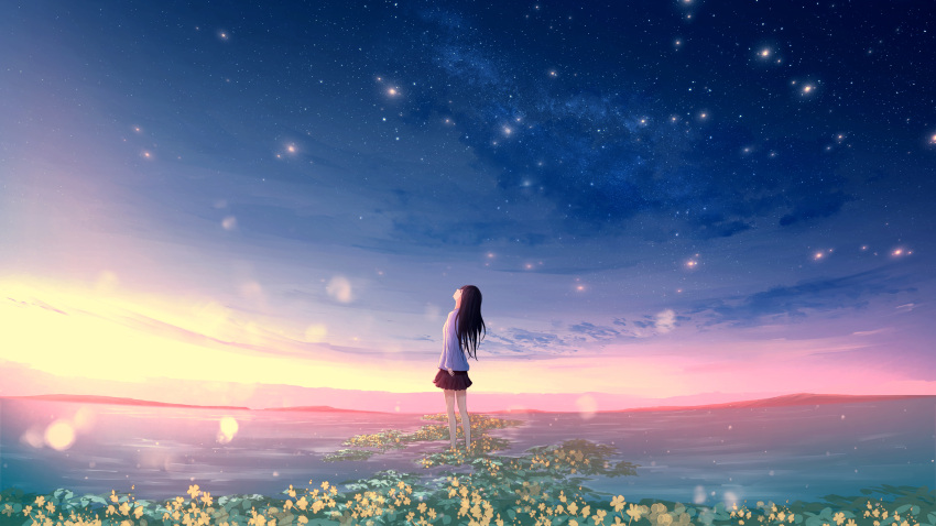 1girl absurdres arms_at_sides bare_legs black_hair black_skirt dusk evening facing_away flower from_side furi0831 galaxy highres landscape leaning_back legs_apart light_particles long_hair long_sleeves milky_way miniskirt mountainous_horizon nature night night_sky original scenery shirt sidelocks skirt sky solo standing star_(sky) starry_sky water white_shirt yellow_flower