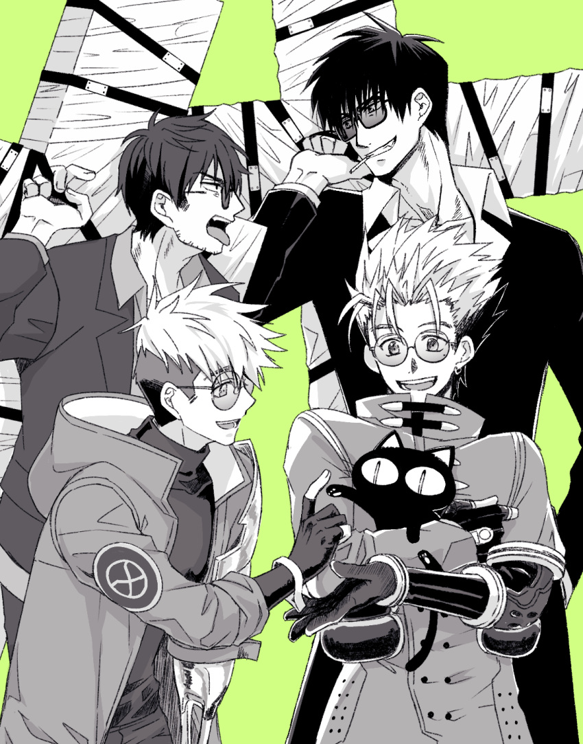 4boys animal arm_up beard_stubble cat cigarette collared_shirt cowboy_shot cross earrings facial_hair glasses gloves green_background greyscale_with_colored_background grin hand_in_pocket hand_up highres holding holding_animal holding_cross jacket jewelry kuroneko_(trigun) large_cross long_sleeves male_focus mole mole_under_eye mouth_hold multiple_boys nicholas_d._wolfwood open_mouth pants partially_fingerless_gloves profile round_eyewear shirt short_hair simple_background single_earring smile spiked_hair standing strap teeth teeth_hold tinted_eyewear tongue tongue_out trigun trigun_stampede undercut v-shaped_eyebrows vash_the_stampede ysm_rkgk
