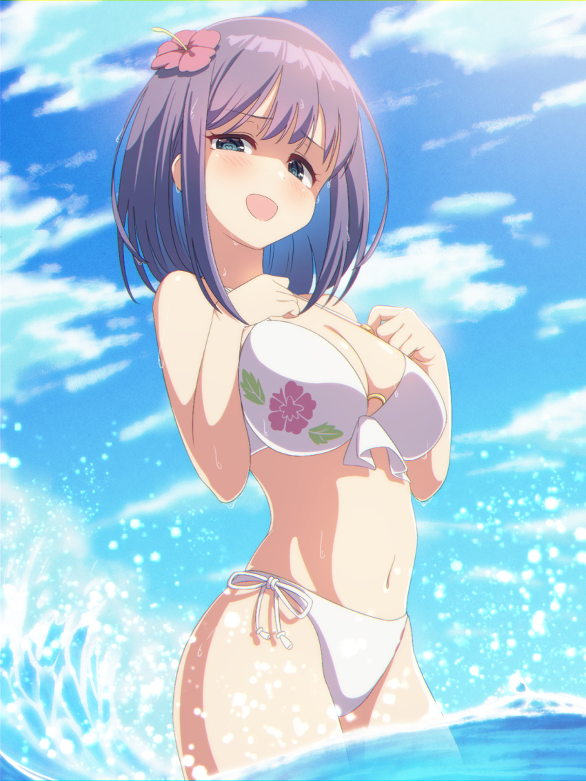 1girl :d alternate_costume baasaku_(balasaku24) bare_arms bikini blue_eyes blush breasts cleavage commentary_request cowboy_shot curvy day eyelashes floral_print flower furrowed_brow hair_between_eyes hair_flower hair_ornament halterneck hands_up heart heart-shaped_pupils highres large_breasts looking_at_viewer medium_hair misora_(princess_connect!) navel open_mouth outdoors pink_flower princess_connect! purple_hair shaded_face side-tie_bikini_bottom smile solo standing stomach straight_hair swimsuit symbol-shaped_pupils wading water water_drop wet white_bikini