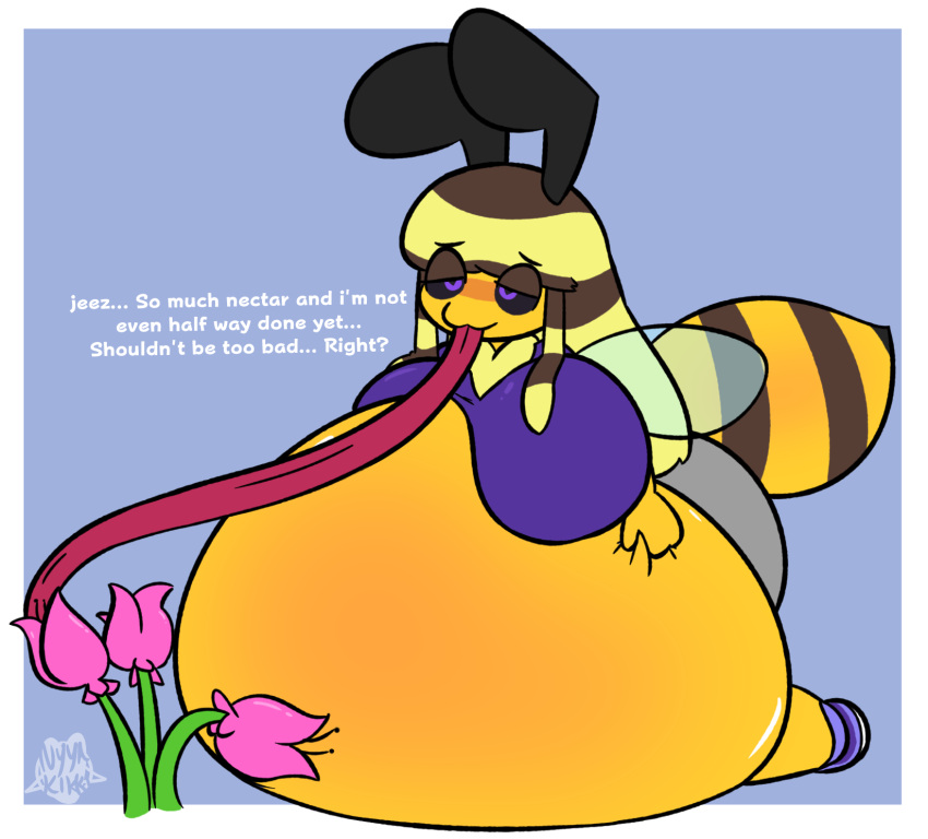 antennae_(anatomy) anthro arthropod arthropod_abdomen bee belly belly_expansion belly_inflation bie_(beefuccer) big_belly big_breasts big_butt black_sclera blush bottomwear breasts brown_hair butt clothed clothing dialogue expansion female flower foamytail footwear fur glistening glistening_belly hair hand_on_own_belly hands_on_belly hi_res huge_breasts huge_butt huge_thighs hymenopteran hyper hyper_belly hyper_breasts inflation insect liquid_inflation long_tongue lying multicolored_hair neck_tuft on_front pink_flower plant purple_eyes resting_on_belly shirt shoes shorts simple_background smile solo striped_hair text thick_thighs tight_clothing tight_shirt tight_topwear tongue topwear tuft wings yellow_body