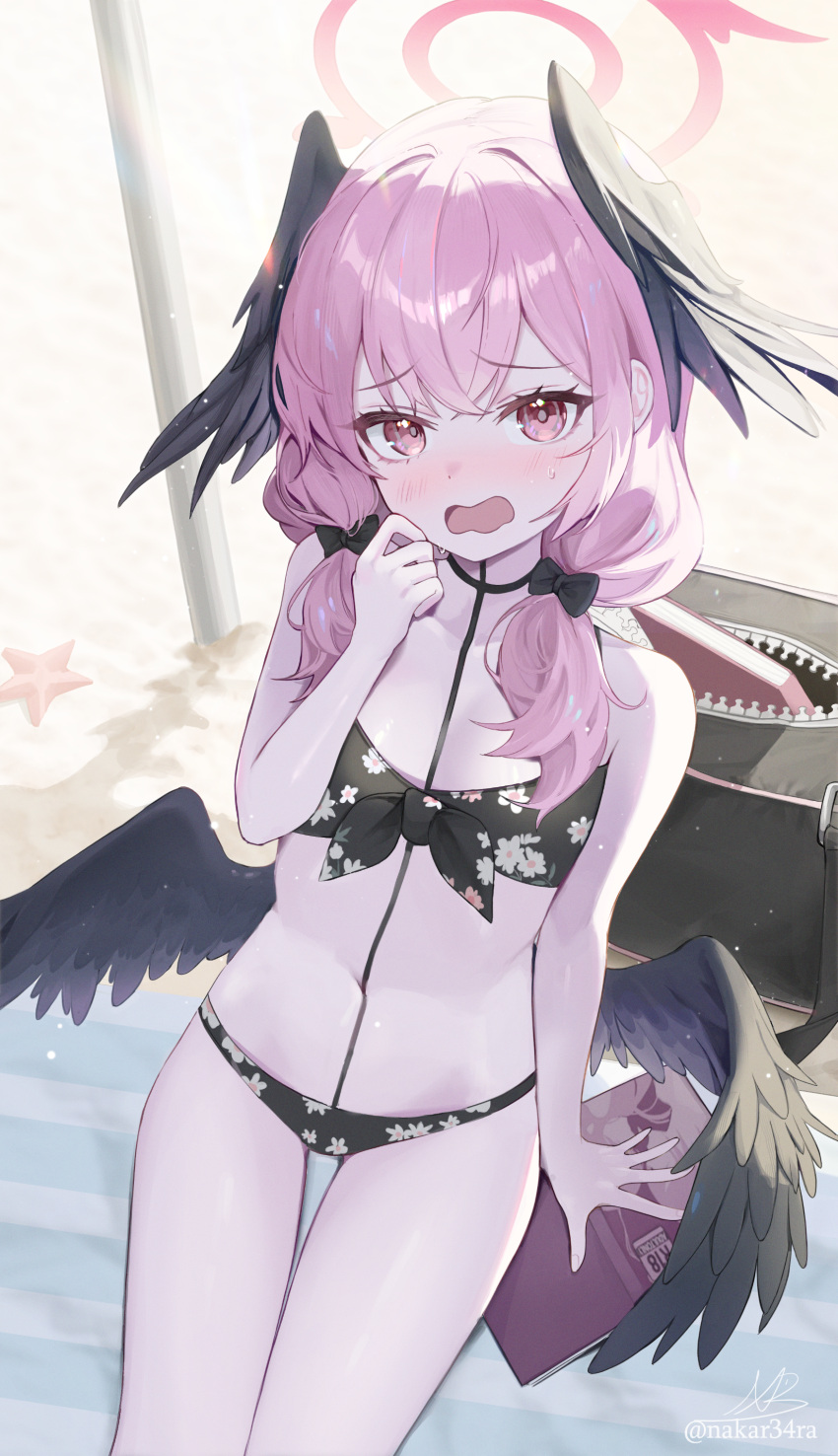 1girl absurdres bikini black_bikini black_wings blue_archive blush book breasts feathered_wings floral_print halo head_wings highres koharu_(blue_archive) koharu_(swimsuit)_(blue_archive) long_hair looking_at_viewer low_twintails low_wings nakar34ra navel open_mouth pink_eyes pink_hair pink_halo print_bikini signature small_breasts solo starfish swimsuit twintails twitter_username wavy_mouth wings