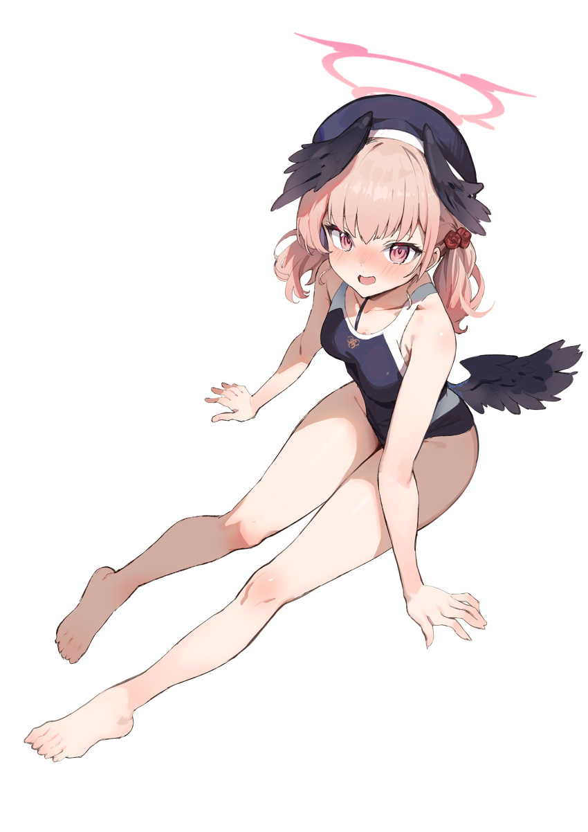 1girl black_headwear black_wings blue_archive competition_school_swimsuit hair_ornament halo hat head_wings highres koharu_(blue_archive) low_wings one-piece_swimsuit open_mouth pink_eyes pink_hair school_swimsuit short_hair simao_(x_x36131422) sitting solo swimsuit white_background wings
