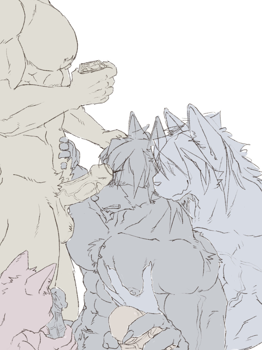 abs absurd_res anthro balls blush canid canine canis cellphone domestic_dog erection faceless_character faceless_male fellatio foreskin genitals grope group handjob hi_res humanoid_genitalia humanoid_penis husky incest_(lore) kouya_(morenatsu) male male/male mammal mitsuhisa_aotsuki morenatsu muscular muscular_male nipples nordic_sled_dog oral pec_grab pecs penile penis phone recording sex simple_background sketch smartphone smile spitz yunu38