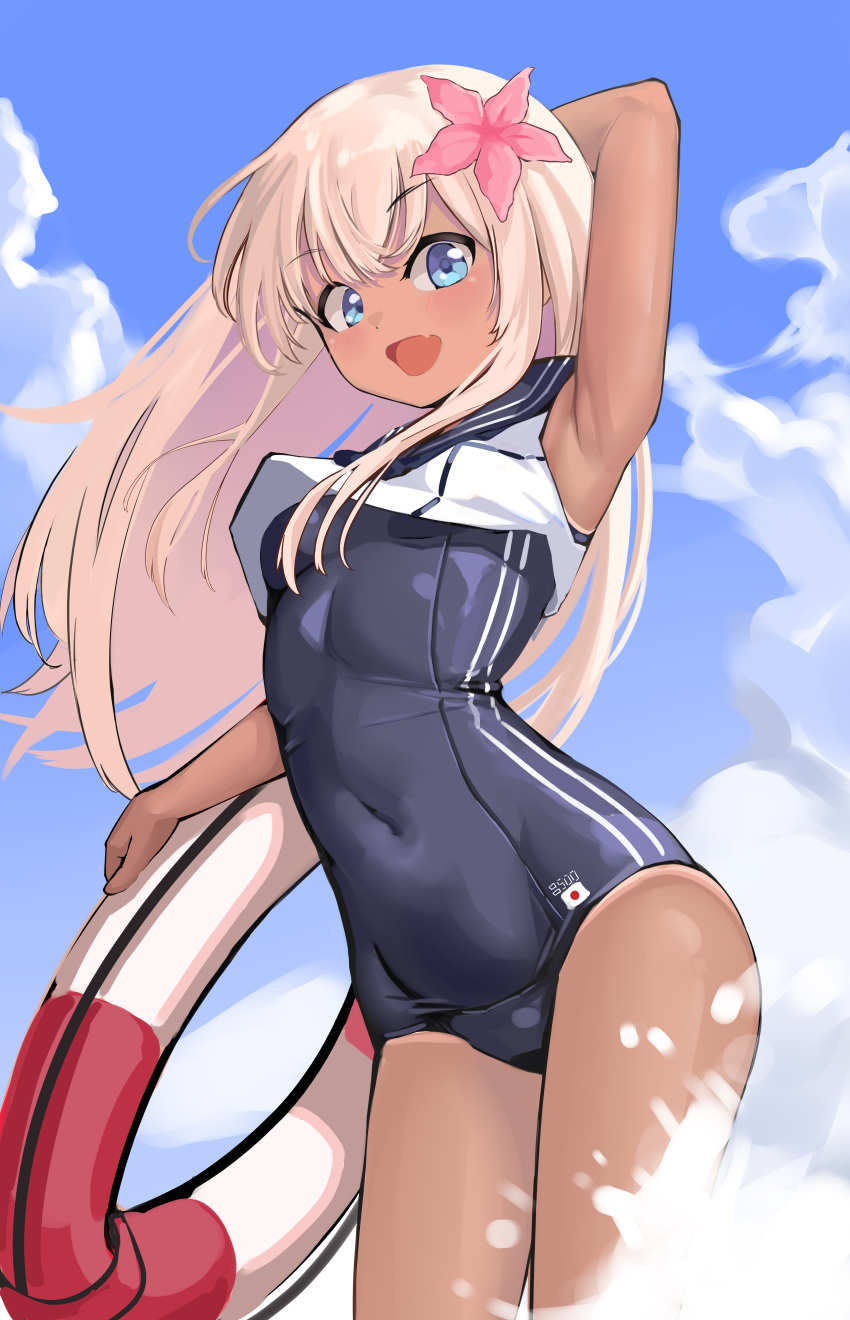 1girl absurdres armpits blonde_hair blue_eyes blue_sky blush covered_navel crop_top flower hair_flower hair_ornament highres japanese_flag kantai_collection lifebuoy long_hair looking_at_viewer nontraditional_school_swimsuit one-piece_swimsuit one-piece_tan open_mouth outdoors ro-500_(kancolle) sailor_collar school_swimsuit school_uniform serafuku sky slug_1356 smile solo swimsuit swimsuit_under_clothes tan tanlines