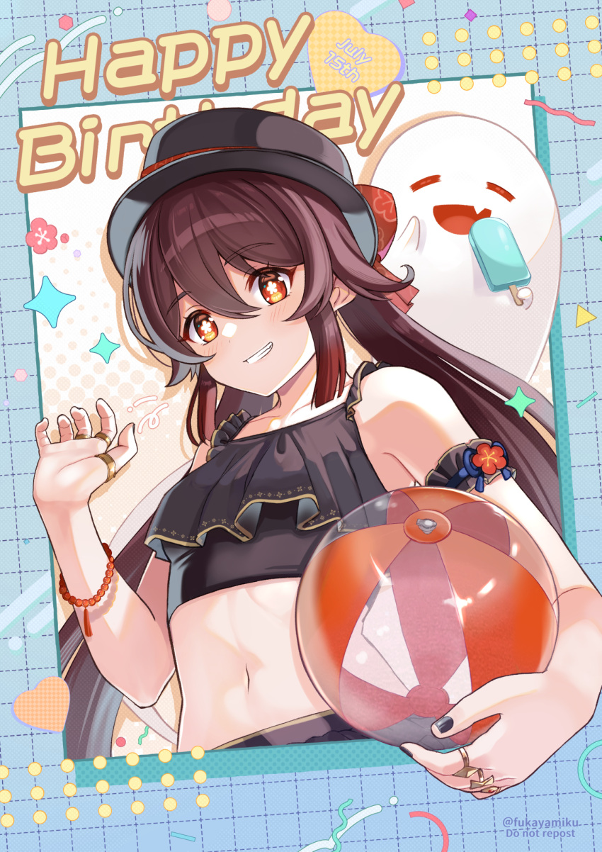 1girl ball beachball beads bikini black_headwear boo_tao_(genshin_impact) brown_hair flower-shaped_pupils food fukaya_miku genshin_impact hair_between_eyes handprint happy_birthday hat highres holding holding_ball holding_beachball hu_tao_(genshin_impact) ice_cream long_hair midriff navel red_eyes smile solo stomach swimsuit symbol-shaped_pupils teeth wristband