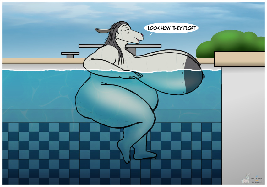 age_difference anthro areola artrogero_(artist) beware_the_shadowcatcher big_areola big_breasts big_butt border bovid breasts butt caprine cellulite english_text female floating hi_res huge_breasts mammal mature_female maude_(bts) older_female overweight overweight_female sheep solo swimming_pool text thick_thighs watermark white_border zed_technician_games