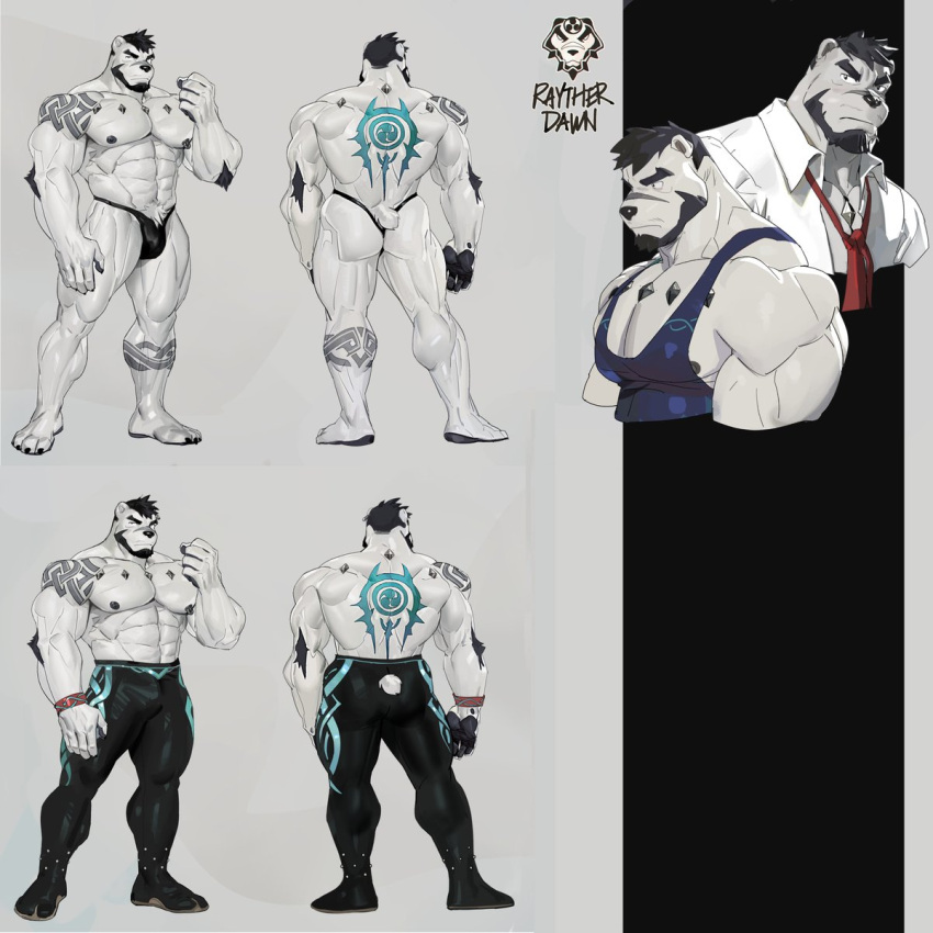 1boy animal_ears ass back_tattoo bara bear_boy bear_ears bear_tail beard bikini_briefs black_male_underwear bulge clenched_hand commission facial_hair frown full_body furry furry_male highres large_hands large_pectorals leg_tattoo looking_at_viewer male_focus male_underwear mature_male multiple_views muscular muscular_male mustache_stubble navel_hair nipples original pectoral_cleavage pectorals rayther_dawn scar scar_on_face scar_on_nose short_hair singlet standing strongman_waist tail tattoo thick_eyebrows thick_thighs thighs tooboshoo topless_male underwear white_fur wrestler wrestling_outfit