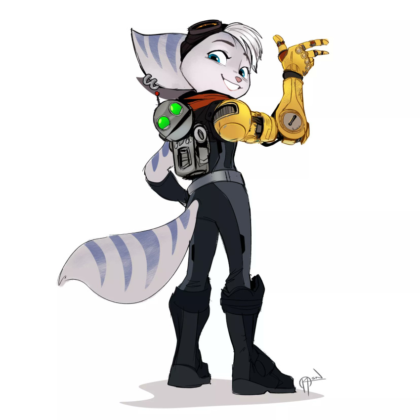 anthro boots clank_(ratchet_and_clank) clothed clothing duo female footwear hi_res krossan_(artist) lombax looking_back machine male mammal mechanical_arm ratchet_and_clank rear_view rivet_(ratchet_and_clank) robot simple_background smile sony_corporation sony_interactive_entertainment striped_body stripes tail white_background