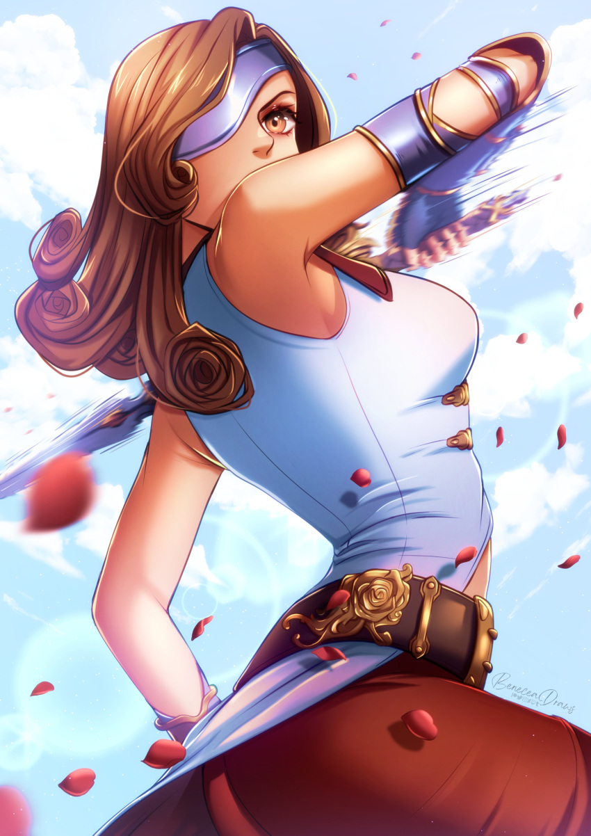 1girl absurdres back beatrix_(ff9) belt breasts brown_eyes brown_hair brown_pantyhose cloud dress eyepatch final_fantasy final_fantasy_ix from_side gauntlets highres long_hair loose_belt medium_breasts pantyhose petals pixie_(pixieinktvis) rose_petals single_gauntlet sky solo sword weapon