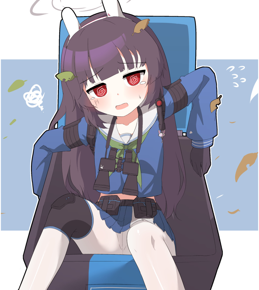 1girl @_@ ahoge animal_ears black_gloves black_hair blue_archive blue_serafuku blush bolt_action fake_animal_ears gloves green_neckerchief gun hagoonha halo headband highres in_container knee_pads leaf leaf_on_head long_hair long_sleeves looking_at_viewer miyu_(blue_archive) mosin-nagant neckerchief no_shoes pantyhose parted_lips pink_eyes puffy_long_sleeves puffy_sleeves rabbit_ears rifle sailor_collar school_uniform serafuku shoes sidelocks single_knee_pad sitting sneakers solo tearing_up trash_can two-tone_gloves weapon white_gloves white_halo white_pantyhose white_sailor_collar