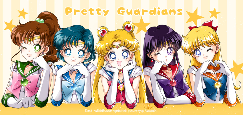 5girls aino_minako bishoujo_senshi_sailor_moon black_hair blonde_hair blue_bow blue_bowtie blue_choker blue_eyes blue_hair blue_sailor_collar bow bowtie brooch brown_hair choker circlet collar double_bun earrings elbow_gloves flower_earrings gloves green_eyes green_sailor_collar hair_bobbles hair_bow hair_bun hair_ornament hands_on_own_face heart heart_brooch highres hino_rei jewelry kino_makoto long_hair medium_hair mizuno_ami multiple_girls orange_collar orange_gemstone parted_bangs pink_bow pink_bowtie ponytail purple_bow purple_bowtie purple_eyes red_bow red_bowtie red_choker red_sailor_collar sailor_collar sailor_jupiter sailor_mars sailor_mercury sailor_moon sailor_venus sarashina_kau shirt short_hair short_sleeves sidelocks smile stud_earrings swept_bangs tsukino_usagi twintails very_long_hair white_gloves white_shirt