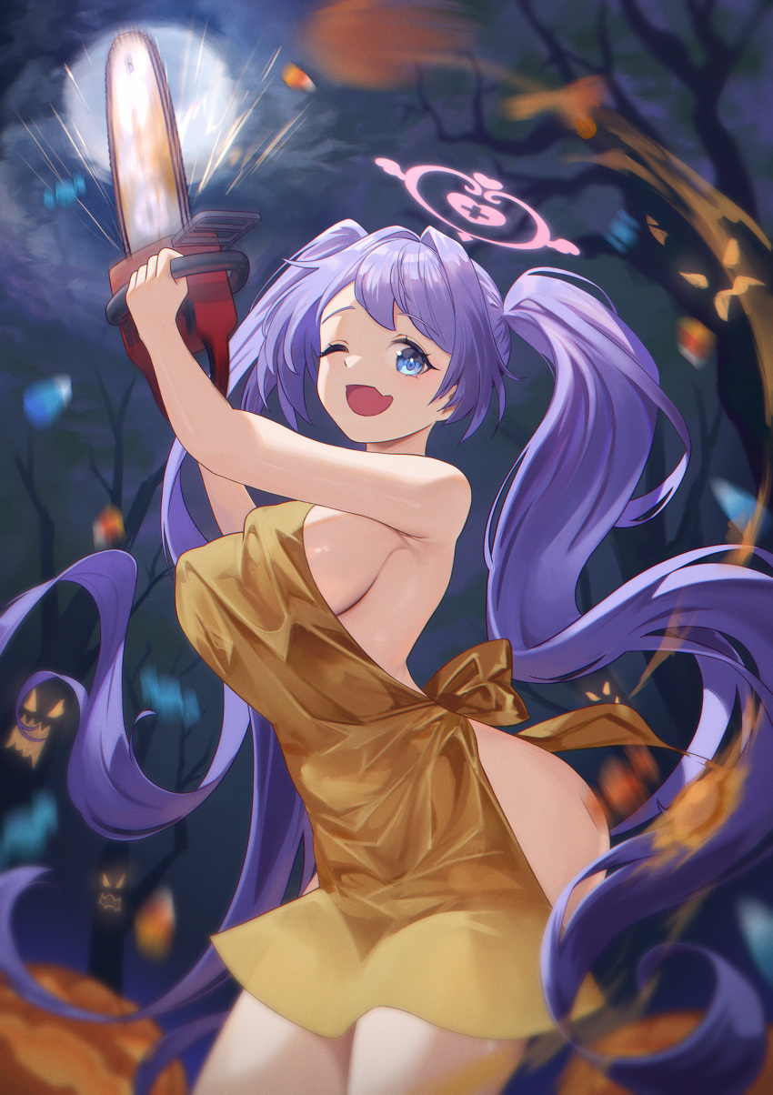 1girl ;d apron blue_archive blurry blush breasts candy candy_corn chainsaw depth_of_field elanphant food full_moon halloween halo hanae_(blue_archive) highres holding holding_chainsaw jack-o'-lantern large_breasts long_hair looking_at_viewer moon naked_apron night night_sky one_eye_closed open_mouth outdoors purple_hair sky smile solo standing tree twintails very_long_hair
