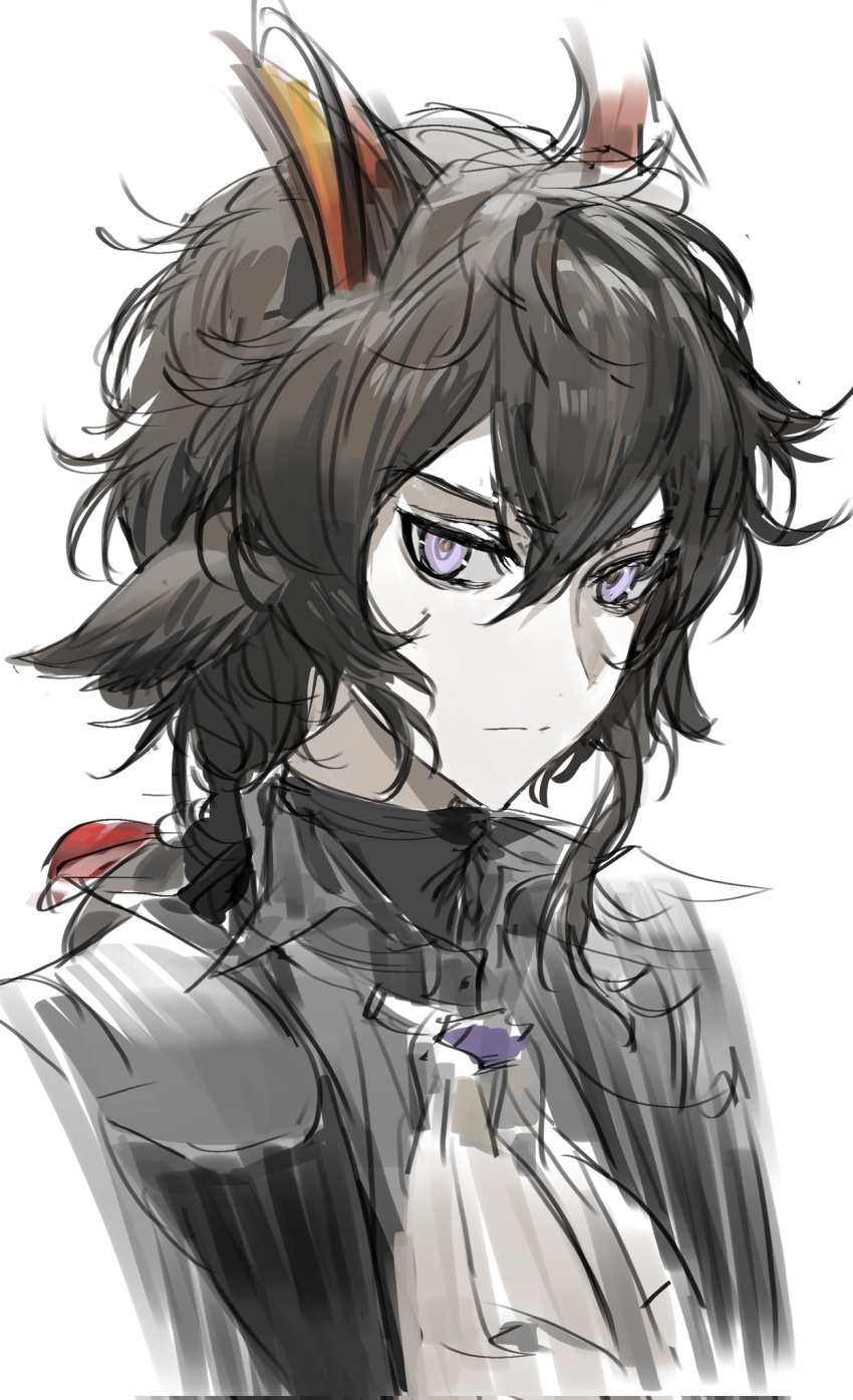 1boy animal_ears arknights ascot black_hair black_suit closed_mouth ebenholz_(arknights) expressionless goat_boy goat_ears goat_horns hair_between_eyes highres horns looking_at_viewer male_focus portrait purple_eyes short_hair simple_background sketch solo suit white_ascot white_background yrdd