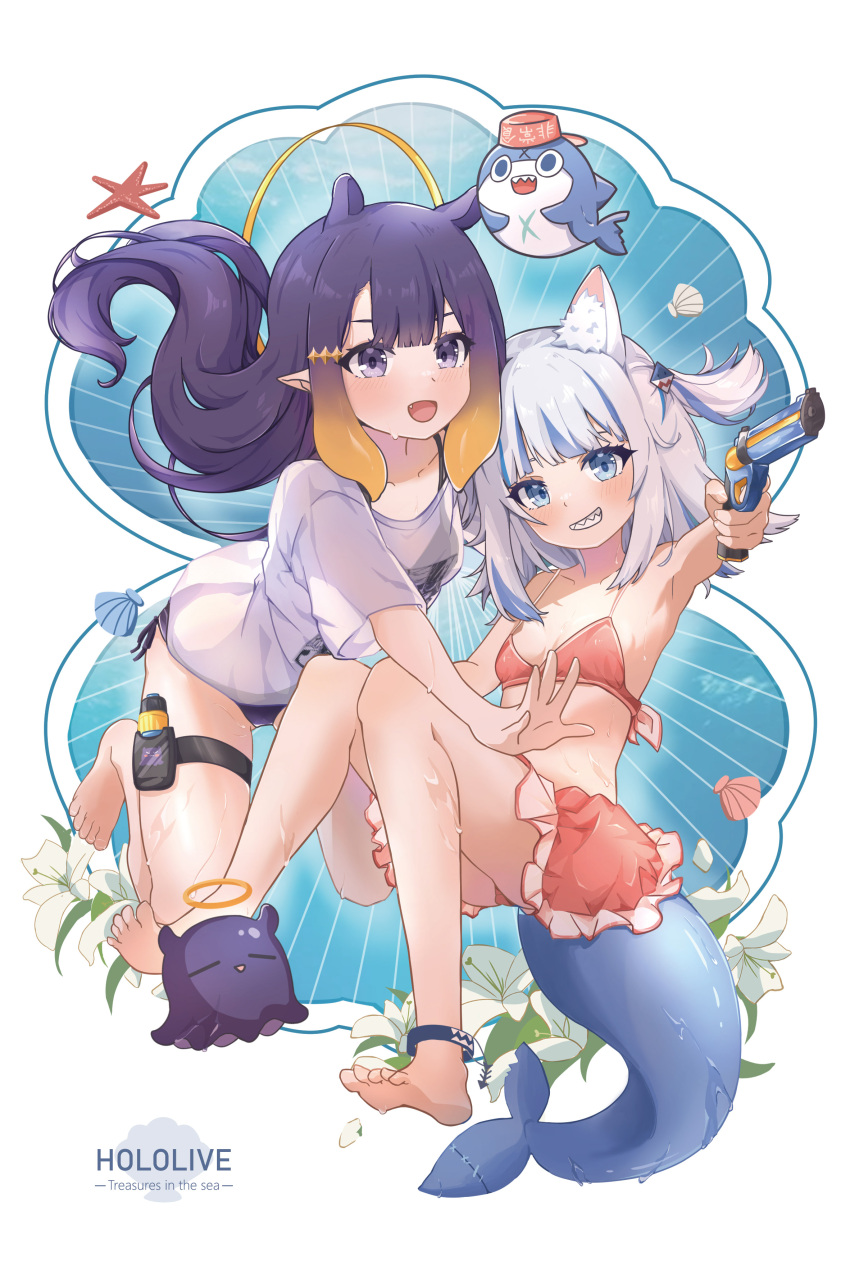 2girls 8_nana_usagi :d absurdres animal_ear_fluff animal_ears anklet arm_up bare_shoulders barefoot bikini bikini_skirt bikini_under_clothes black_bikini bloop_(gawr_gura) blue_eyes blue_hair blunt_bangs blush cat_ears clam_shell closed_eyes collarbone commentary_request copyright_name emphasis_lines english_text eyelashes fang feet fins fish_bone fish_tail floating_hair flower gawr_gura gradient_hair grin hair_ornament hairclip halo highres holding holding_water_gun hololive hololive_english jewelry lily_(flower) long_hair looking_at_viewer medium_hair multicolored_hair multiple_girls ninomae_ina'nis open_mouth orange_hair pink_bikini pink_skirt pointy_ears print_shirt purple_eyes purple_hair seashell see-through see-through_shirt shark_hair_ornament shark_tail sharp_teeth shell shirt short_sleeves side-tie_bikini_bottom sidelocks simple_background skirt smile starfish streaked_hair swimsuit t-shirt tail takodachi_(ninomae_ina'nis) teeth tentacle_hair thigh_strap toes two_side_up virtual_youtuber water_gun wet white_background white_flower white_hair white_shirt