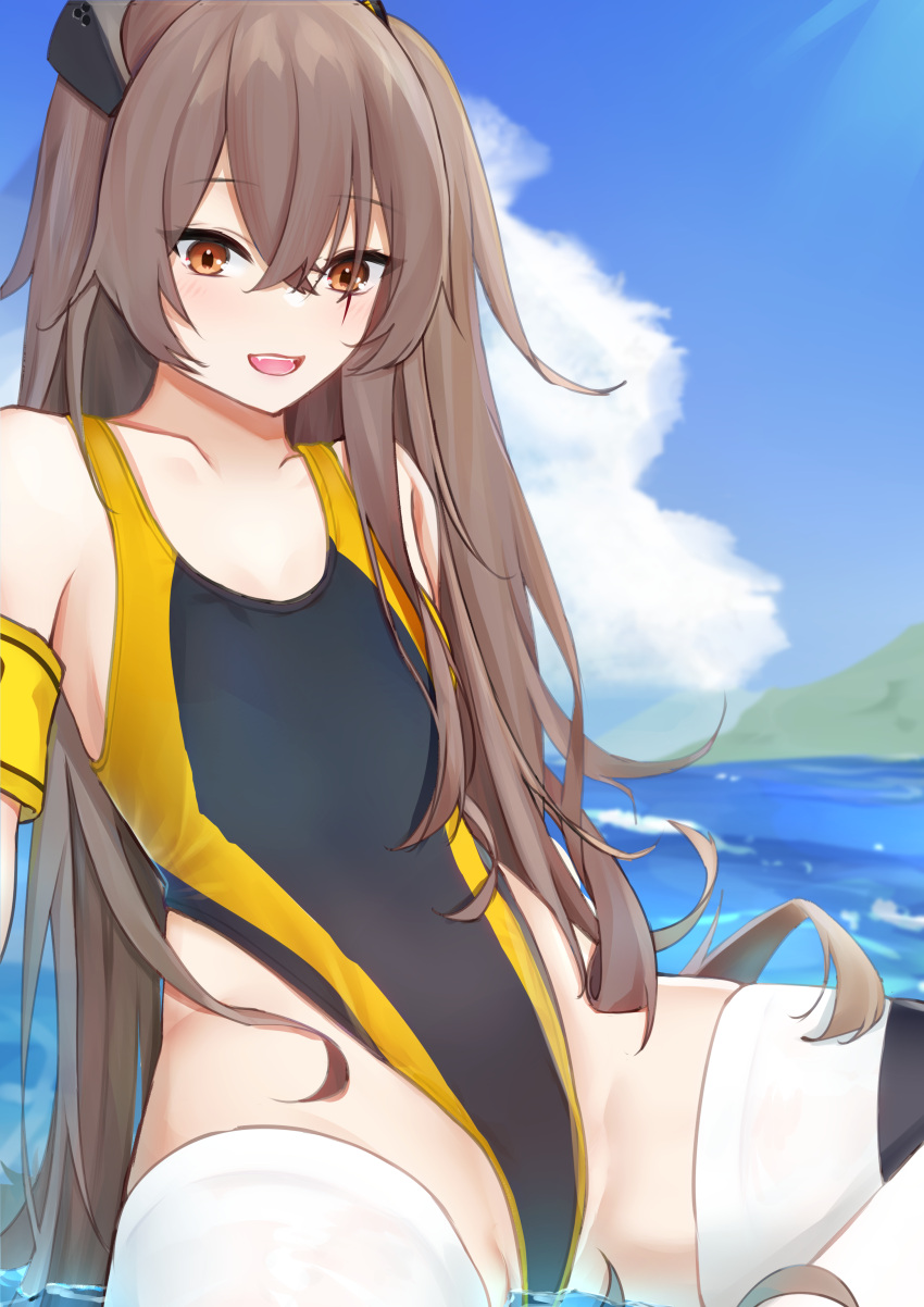 1girl absurdres alternate_costume armband competition_swimsuit flat_chest girls'_frontline grey_hair highleg highleg_swimsuit highres indian_style kotoha_(kotoha65) long_hair one-piece_swimsuit one_side_up partially_submerged scar scar_across_eye scar_on_face sitting spread_legs swimsuit thighhighs ump45_(girls'_frontline)