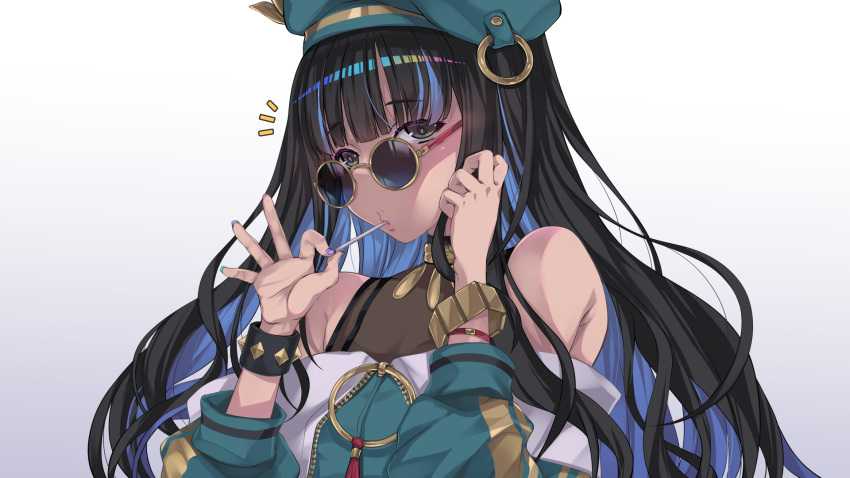 1girl black_hair blue-tinted_eyewear candy colored_inner_hair commentary_request commission eyeliner fate/grand_order fate_(series) food green_headwear green_jacket highres jacket lollipop looking_at_viewer looking_over_eyewear makeup multicolored_hair round_eyewear senrireiri skeb_commission solo sunglasses tenochtitlan_(fate) tinted_eyewear white_background