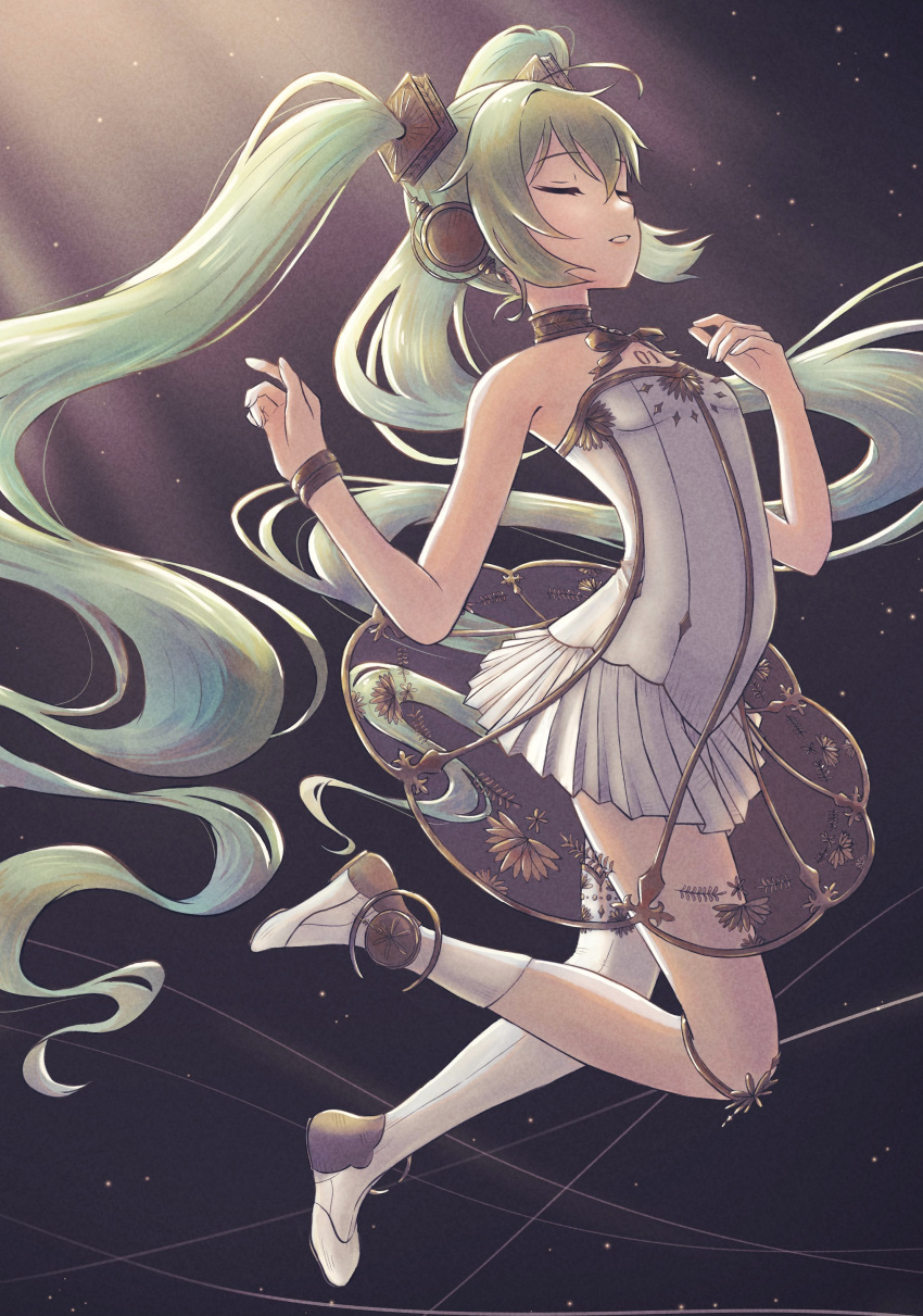 1girl absurdly_long_hair absurdres ballerina ballet_slippers bare_arms bare_shoulders bracelet chest_tattoo closed_eyes dress floating_hair full_body gold_bowtie gold_trim gramophone_miku green_hair grin hair_ornament hands_up hatsune_miku highres jewelry light_particles long_hair luna_mokamoka miku_symphony_(vocaloid) number_tattoo see-through see-through_dress sidelocks single_thighhigh smile solo strapless strapless_dress tattoo teeth thighhighs tutu twintails very_long_hair vocaloid white_dress white_footwear white_thighhighs