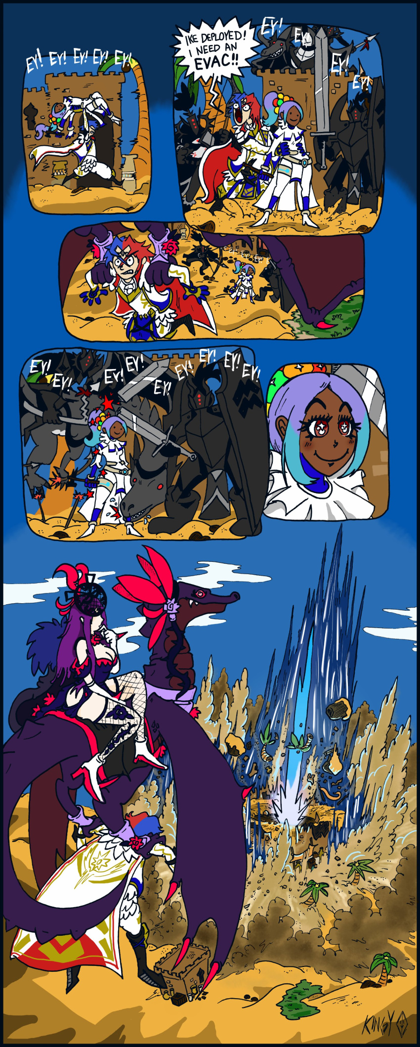 +_+ 1boy 2girls absurdres alear_(fire_emblem) alear_(male)_(fire_emblem) armor arrow_(projectile) beads blue_hair bow_(weapon) broken broken_sword broken_weapon cape dark-skinned_female dark_skin desert dragon english_commentary english_text explosion fascinator fire_emblem fire_emblem_engage fishnet_thighhighs fishnets flower_brooch flying fort gameplay_mechanics gradient_hair hair_beads hair_ornament hammer highres holding holding_bow_(weapon) holding_weapon ivy_(fire_emblem) kingy multicolored_hair multiple_girls official_alternate_hair_color palm_tree purple_hair red_hair running shield smile split-color_hair sword thighhighs thorn_print timerra_(fire_emblem) torso_grab tree two-tone_hair vase very_dark_skin weapon wyvern