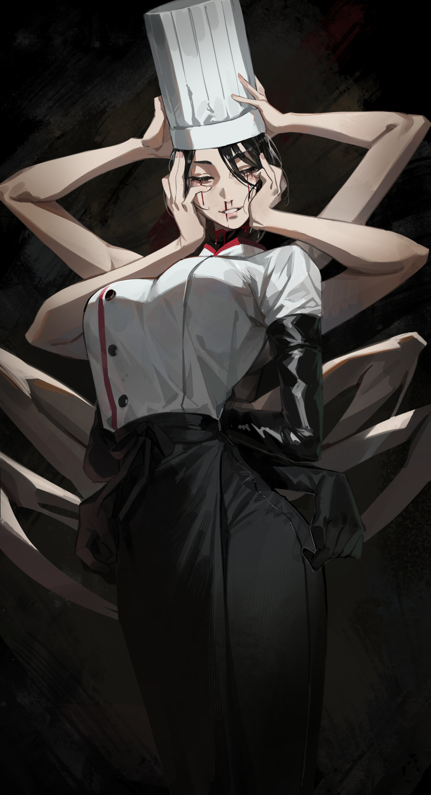 1girl absurdres apron arthropod_limbs black_apron black_gloves black_hair blood blood_from_eyes breasts chainsaw_man chef_hat closed_eyes disembodied_head elbow_gloves falling_devil_(chainsaw_man) flat_top_chef_hat gloves hat highres holding_head large_breasts maenoo nosebleed severed_head smile solo waist_apron