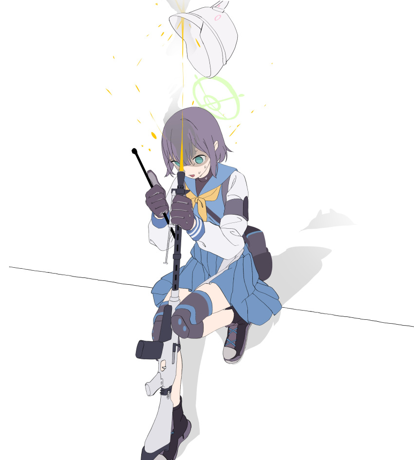 1girl absurdres black_gloves blue_archive blue_sailor_collar blue_skirt gloves green_eyes gun halo hat hat_removed headwear_removed highres ichibombu knee_pads ledge long_sleeves medium_hair misfire_(weapon) nervous_sweating open_mouth pleated_skirt purple_hair rifle sailor_collar saki_(blue_archive) scared shirt shoes simple_background sitting skirt sneakers sniper_rifle solo surprised sweat weapon white_background