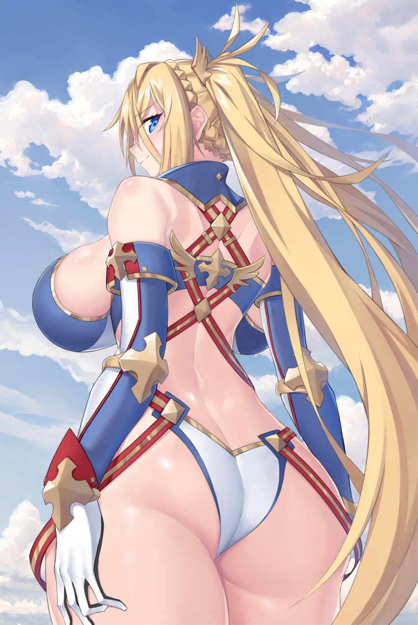1girl ass back bare_shoulders bikini blonde_hair blue_bikini blue_eyes blue_gloves blue_sky blush bradamante_(fate) bradamante_(second_ascension)_(fate) braid breasts crown_braid elbow_gloves fate/grand_order fate_(series) gloves gold_trim highleg highleg_bikini highres large_breasts long_hair looking_at_viewer looking_back mrnn sideboob sky smile solo swimsuit thighs twintails two-tone_bikini two-tone_gloves very_long_hair white_bikini white_gloves