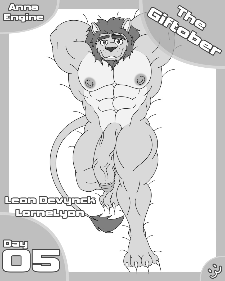 4:5 4_toes abs absurd_res annaengine anthro barefoot biceps big_penis border claws digital_drawing_(artwork) digital_media_(artwork) english_text eyebrows feet felid flaccid foreskin front_view fur genitals grey_border hands_behind_head hi_res humanoid_genitalia humanoid_penis lion looking_at_viewer lying male mammal mane monochrome multicolored_body multicolored_fur muscular muscular_anthro muscular_male navel nipples nude on_back pantherine pecs penis portrait raised_arms retracted_foreskin simple_background smile solo tail text toe_claws toes two_tone_body two_tone_fur vein veiny_penis white_background