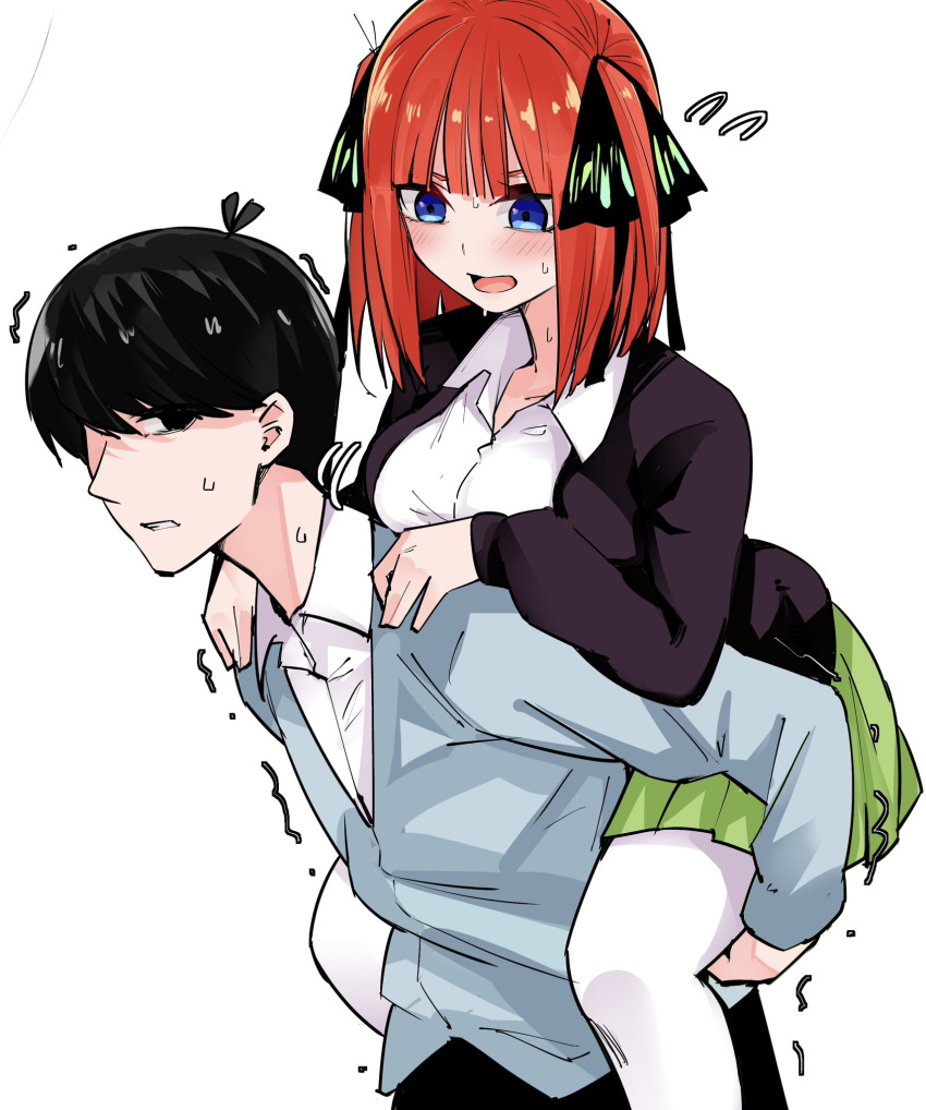 1boy 1girl antenna_hair black_cardigan black_eyes black_hair black_ribbon blue_eyes blunt_bangs blush breasts butterfly_hair_ornament cardigan carrying clenched_teeth commentary cowboy_shot dress_shirt embarrassed eyebrows_hidden_by_hair flying_sweatdrops from_side go-toubun_no_hanayome green_skirt hair_ornament hair_ribbon hands_on_another's_shoulders hetero highres large_breasts looking_at_another looking_at_viewer mame1645 medium_hair miniskirt nakano_nino nose open_cardigan open_clothes open_mouth pantyhose piggyback pleated_skirt red_hair ribbon school_uniform shirt short_hair simple_background skirt sleeves_past_wrists straight_hair sweat teeth trembling two_side_up uesugi_fuutarou v-shaped_eyebrows white_background white_pantyhose white_shirt