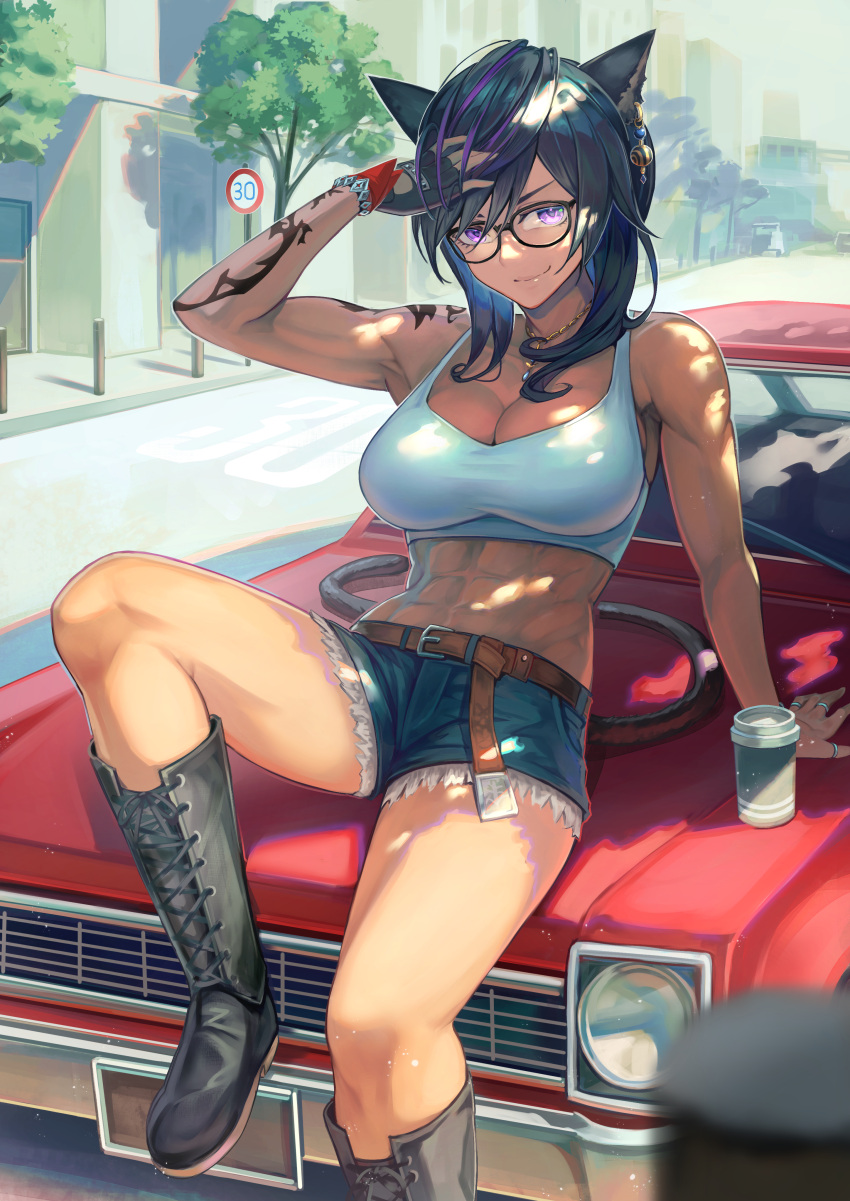 1girl abs absurdres animal_ears arm_support arm_tattoo arm_up belt black-framed_eyewear black_footwear black_gloves black_hair blue_shorts boots breasts brown_belt car cat_ears cat_girl cat_tail cleavage closed_mouth commission cross-laced_footwear day denim denim_shorts final_fantasy final_fantasy_xiv fingerless_gloves glasses gloves hakusyokuto highres jewelry knee_boots knee_up lace-up_boots large_breasts looking_at_viewer motor_vehicle multicolored_hair muscular muscular_female navel necklace outdoors purple_eyes purple_hair short_hair short_shorts shorts single_fingerless_glove single_glove sitting skeb_commission smile solo tail tattoo tree warrior_of_light_(ff14)